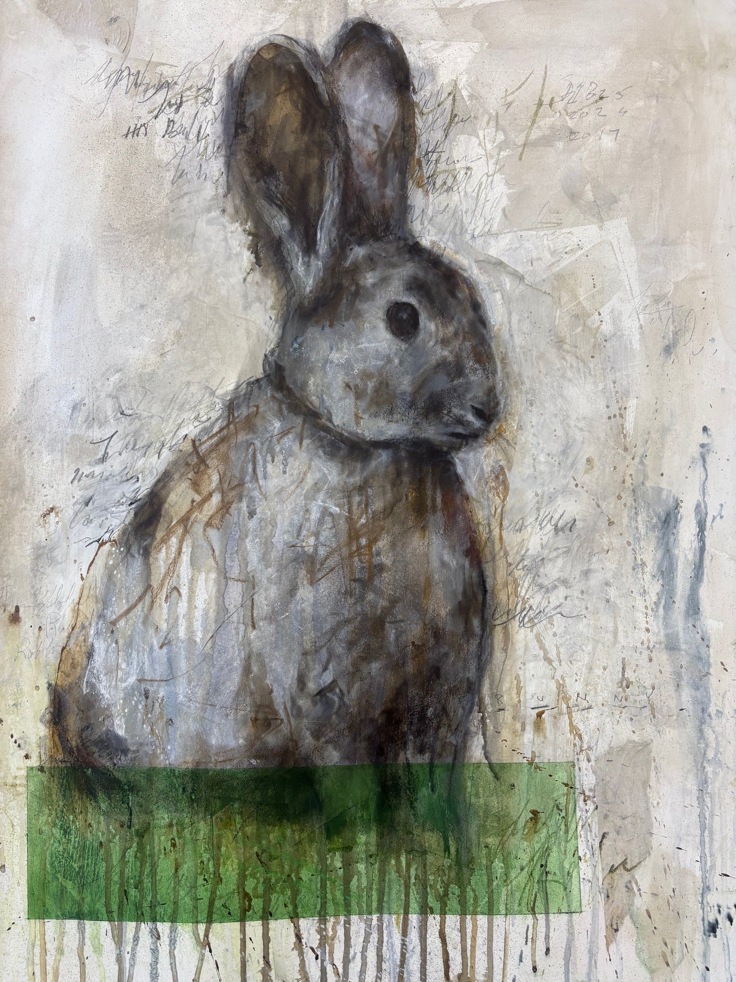 Artistic depiction of a rabbit on a textured surface with a green rectangular overlay