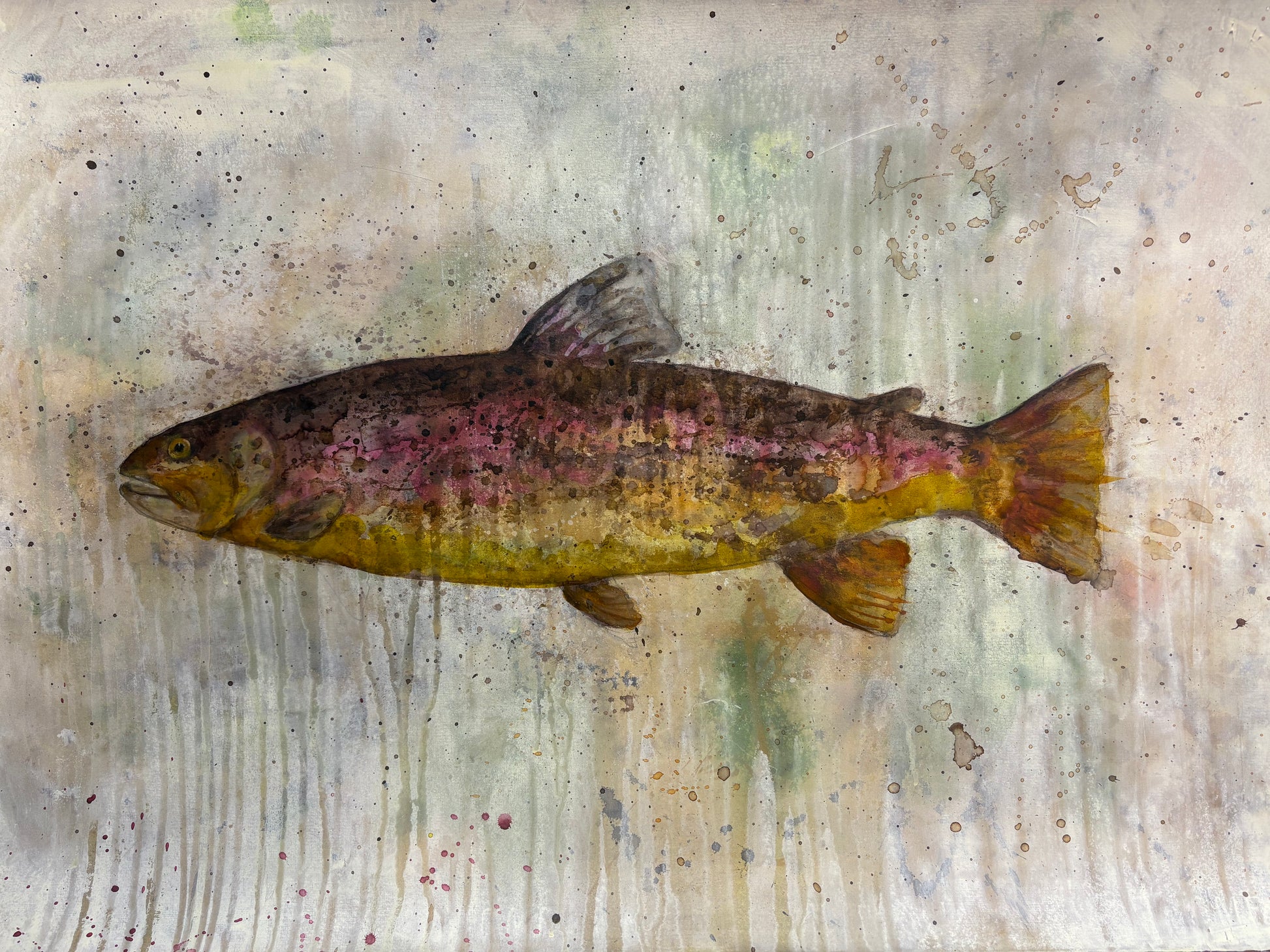 Painting of a fish on a textured beige background